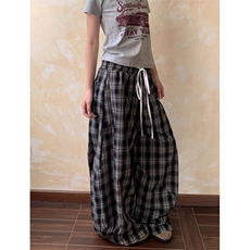 美式复古慵懒风双腰头拼接格子裤男女爵士舞宽松阔腿裤K9028，男装休闲裤，星座1116A（原606A-3）
