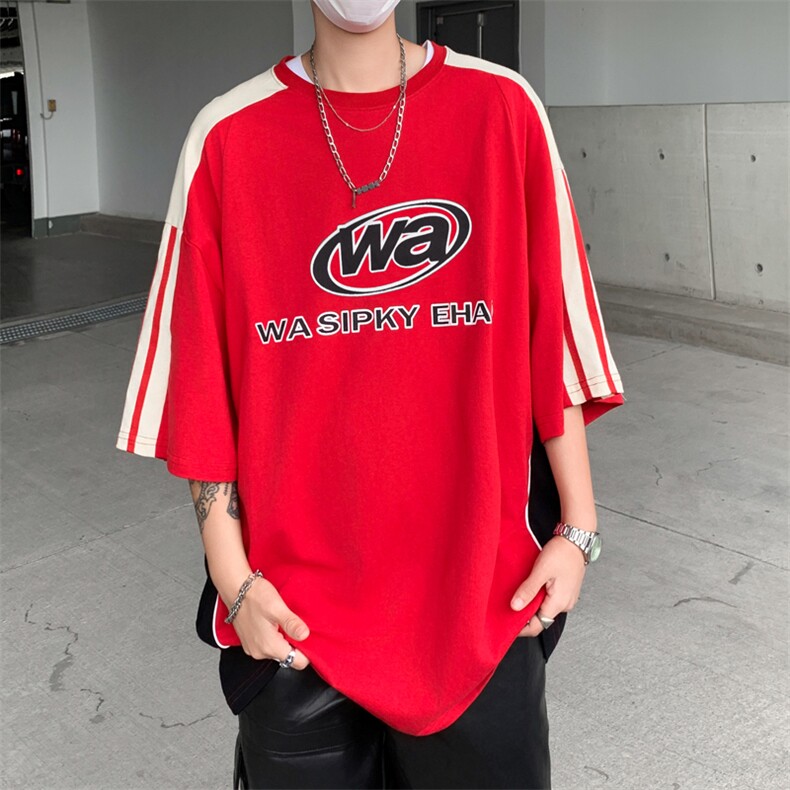 C404-P38夏季新款小众宽松百搭T恤美式复古运动拼接短袖男现货,男装T恤,星座512-6