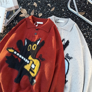 美式复古猫咪提花polo领毛衣男秋冬季宽松休闲软糯慵懒针织衫潮流图片