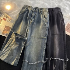 潮牌港风chic水洗做旧感牛仔裤男女春秋美式复古N1041P45，男装牛仔裤，星座1116-2