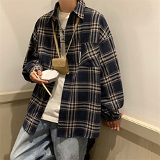 23港风春秋季格子衬衫男长袖外套衬衣港风宽松CS716P45控58，男装衬衫，电商B413-1
