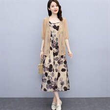 现货！棉麻套装/套裙2024年夏季时尚气质百搭优雅印花简约两件套，女装套装/套裙，一安秀