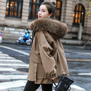 棉衣/棉服2021新款冬仿羊羔毛中长款工装带帽棉服女外套配毛领图片