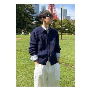 新款开衫毛衣美式复古慵懒风V领针织衫男纯色外套513AKS2597P52图片
