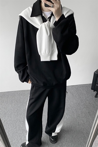 5XL-M潮流高级感披肩撞色拼接翻领百搭卫衣宽松弯刀长裤TZ113P118图片