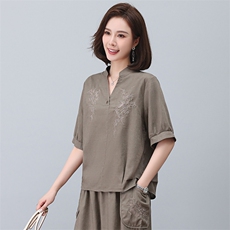 亚麻衬衫女短袖2023年新款夏季刺绣衬衣v领小衫妈妈气质苎麻上衣，女装T恤，忆绮罗