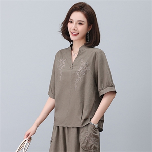 亚麻衬衫女短袖2023年新款夏季刺绣衬衣v领小衫妈妈气质苎麻上衣图片