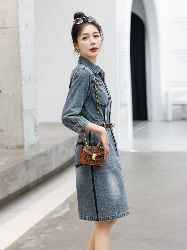 时尚修身显瘦牛仔连衣裙春季新款百搭气质长袖裙装,女装连衣裙,秋水欣儿