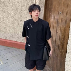新中式短袖T恤男士衬衫复古风山小众潮立领垫肩衬衣C3023，男装T恤，星座1116A-1（原606A）