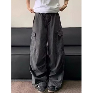 复古多口袋水洗工装裤男女做旧抽绳褶皱伞兵裤宽松阔腿裤子 KG115图片