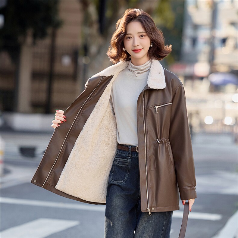 【冬季女装新款】中长款派克服加绒加厚保暖皮棉P-155,女装皮衣,简古