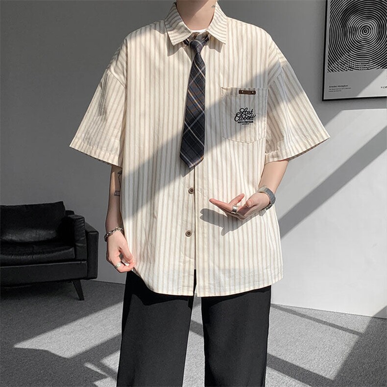 CS1132-特P48控78夏新大码刺绣短袖条纹衬衫男学院风（带领带）,男装T恤,电商A059