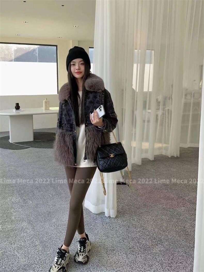 【现货】2022年冬装环保毛拼接牛仔羽绒服，女装羽绒服，Lime meca 俪米