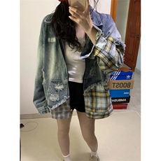 复古假两件格子拼接做旧水洗破洞毛边牛仔外套男上衣夹克潮NY8972，男装工装外套，星座601-1