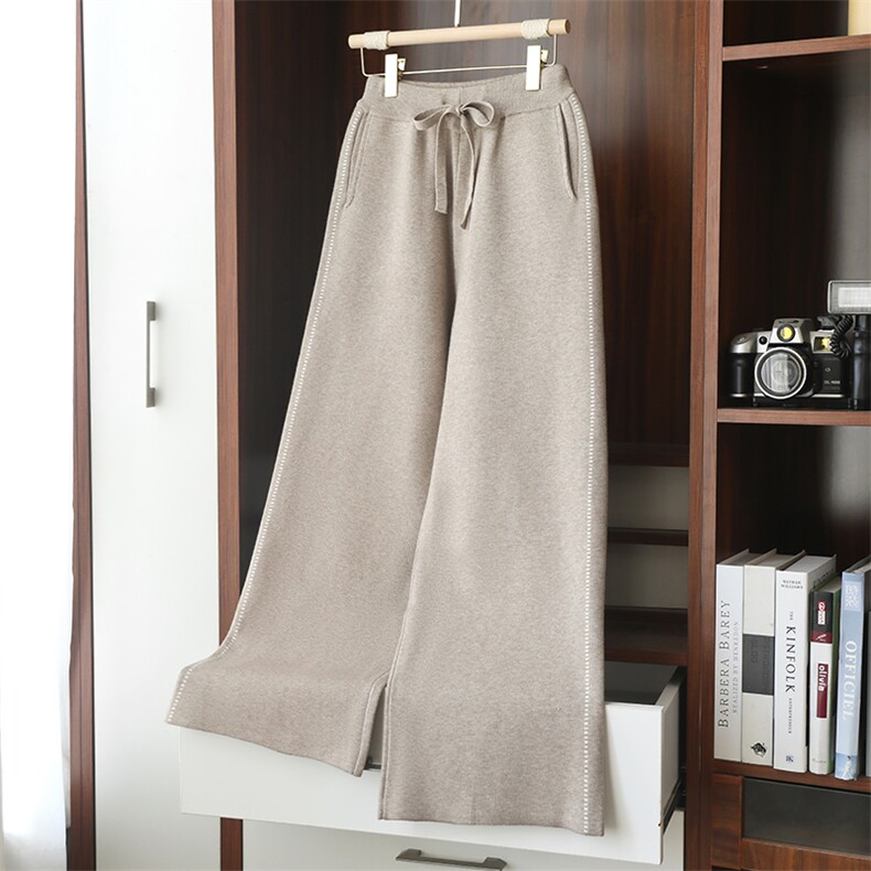 新款女装高腰显瘦宽松直筒裤舒适保暖加厚针织阔腿裤百搭休闲裤，女装休闲裤，阿娇羊绒