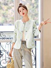 2025年开春季新款蓝色印花高端春秋小个子新中式国风短款小外套女，女装短外套，橙子家