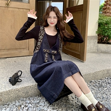 韩版时尚甜酷风拼接连衣裙女2025年秋季新款时尚蝴蝶结设计长裙，女装连衣裙，2B219