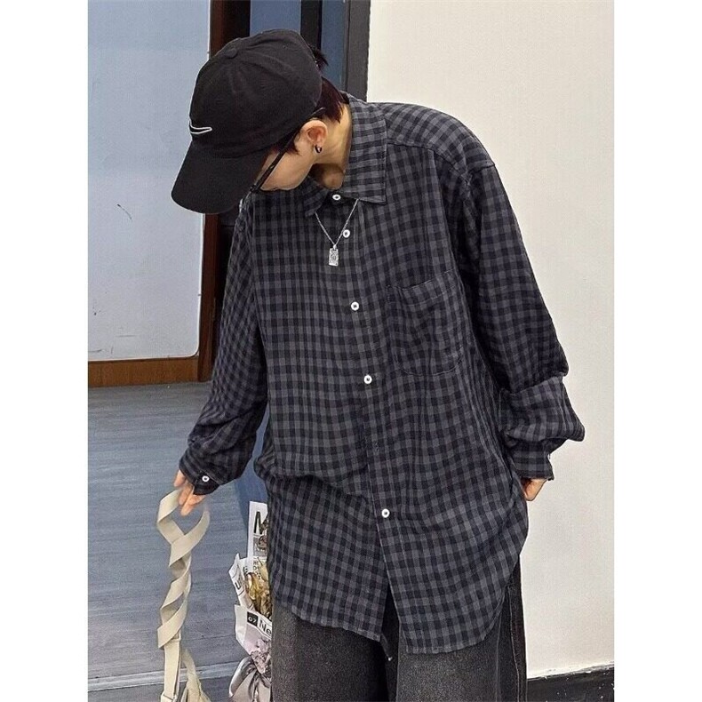 古着廓形慵懒宽松格纹格子长袖衬衫男女bf百搭衬衣GZ01P35特,男装衬衫,电商D256-2(原A064-2)