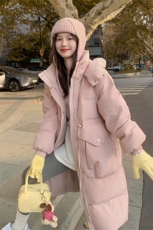 粉色连帽中长款收腰羽绒服女冬季2025新款甜美减龄保暖白鸭绒外套，女装羽绒服，莘蕾