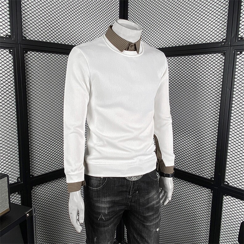 2025新款假两件翻领卫衣高级感时尚男士打底衫-6630-P78,男装T恤,电商D342