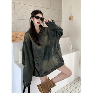 美式设计感重磅做旧夹克宽松复古套头连帽牛仔外套女 NZ054-P110图片