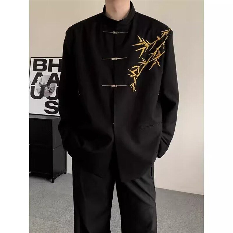 新中式翠竹中山装唐装男装西服结婚订婚男垫肩风外套W6596-P65,男装西服,星座412-3