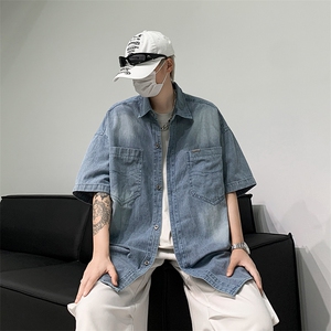 2024夏季潮牌宽松百搭休闲衬衣水洗做旧牛仔衬衫男现货 W8205-P55图片
