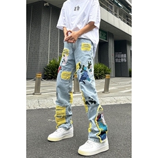 美式街头hiphop补丁刺绣破洞牛仔裤男士小众裤A068-KXSK126-TP80，男装牛仔裤，电商A068