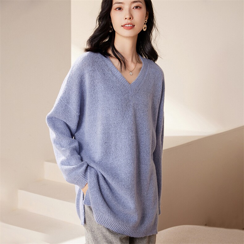 松弛感慵懒~遮臀100纯山羊绒衫女开叉宽松大毛衣中长款秋冬针织衫,女装羊绒衫,绒歆坊