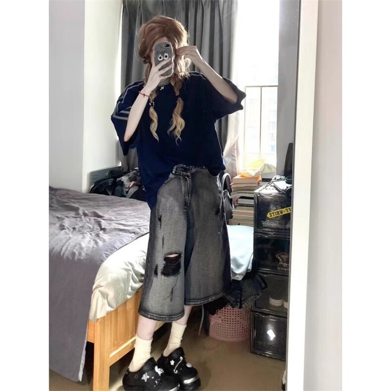 D5553-P45破洞牛仔短裤男女撞色网红超火炸街六分裤-网图现货图片