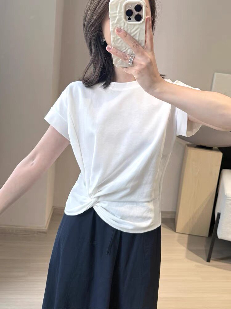 2025设计感不规则立体纽结简约短袖T恤,女装T恤,湘姗