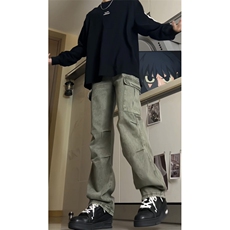 美式机能伞兵日系宽松阔腿多口袋牛仔裤潮直筒褶皱工装裤GJ203P60，男装牛仔裤，电商D256A(原A064A)