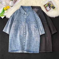 美式牛仔衬衫男短袖夏季古着衣服ins复古半袖衬衣外套W1353-P45，男装衬衫，星座1008