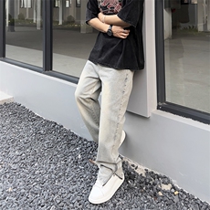 美式高街黄泥拉链开叉牛仔裤男水洗做旧vibe潮牌微喇裤子GN83-P45，男装牛仔裤，星座1008-1