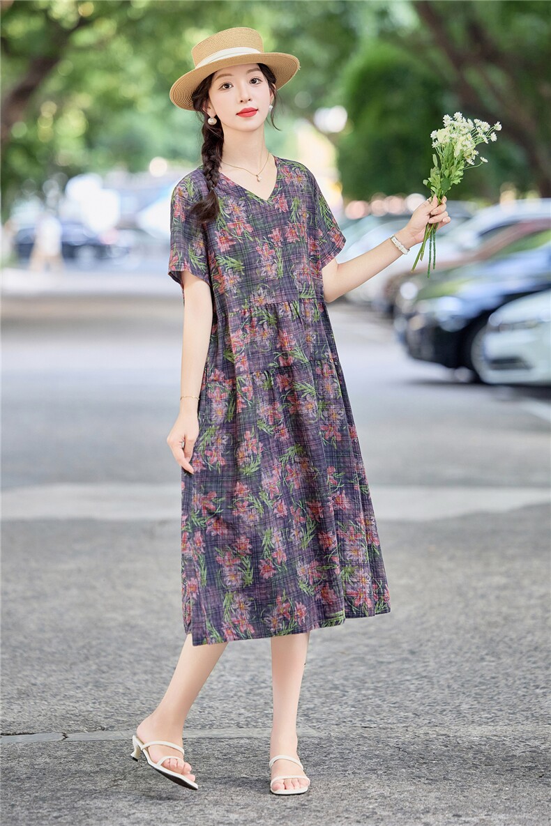 休闲宽松紫色碎花棉麻连衣裙女2026夏季洋气妈妈遮肚显瘦直筒裙子,女装连衣裙,倪叶myz