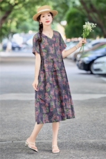 休闲宽松紫色碎花棉麻连衣裙女2026夏季洋气妈妈遮肚显瘦直筒裙子，女装连衣裙，倪叶myz