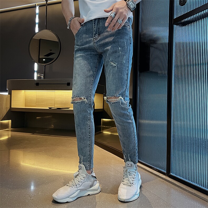 B230档 2025夏季新款浅蓝色破洞修身小脚牛仔裤男 长期款6061 P85图片