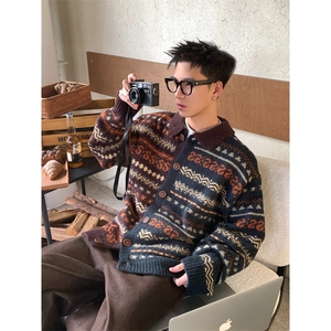 高级复古费尔岛撞色宽松纽扣翻领针织衫开衫毛衣加厚MY482图片