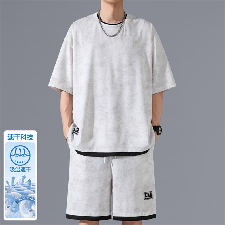 2025夏季新款无影墙大码假两件冰丝短袖套装M-5XHQ25574-P60，男装休闲套装，电商A022