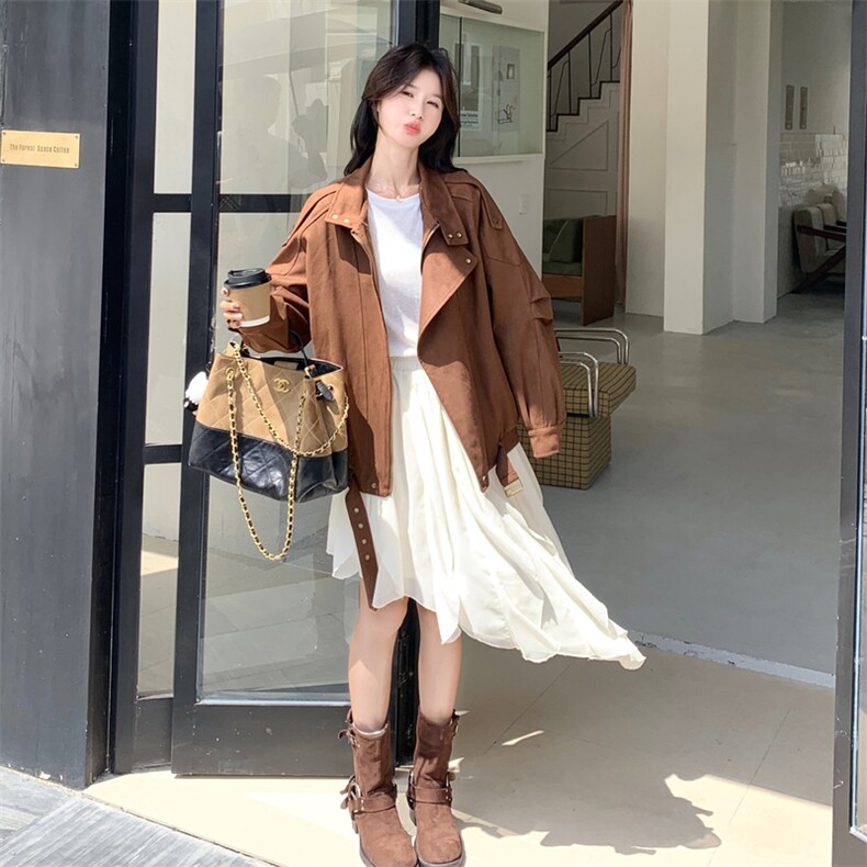 深棕色复古麂皮绒立领短外套女2025秋韩系新款高级感气质时尚夹克,女装短外套,2C198