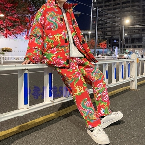 H203大花棉袄加绒裤套装新中式汉服男女表演出保暖防寒棉衣棉服潮图片