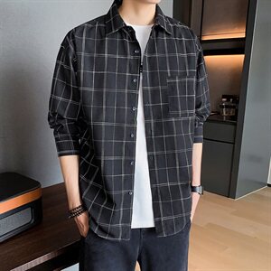 男士高级感衬衫春秋胖子大码宽松上衣服长袖内搭衬衣格子休闲外套图片