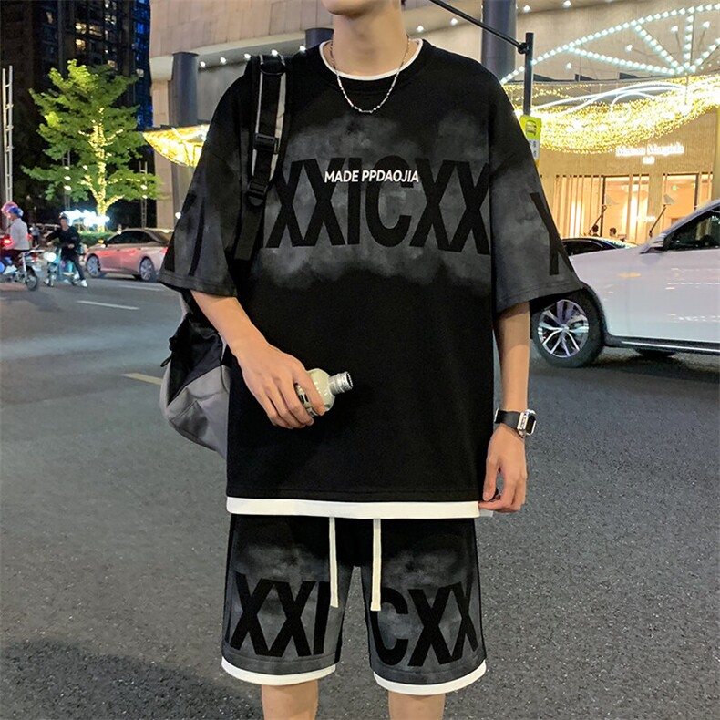 特批P50无差价夏季假菠萝格假两件字母印花拼色五分套装男TZ322,男装休闲套装,电商A001