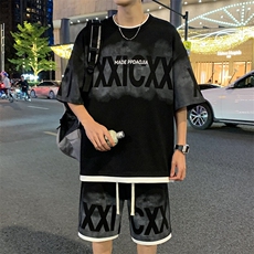 特批P50无差价夏季假菠萝格假两件字母印花拼色五分套装男TZ322，男装休闲套装，电商A001