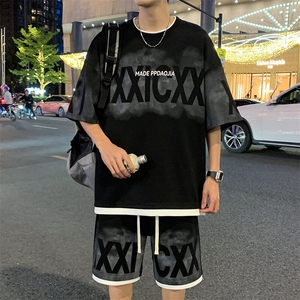 特批P50无差价夏季假菠萝格假两件字母印花拼色五分套装男TZ322图片