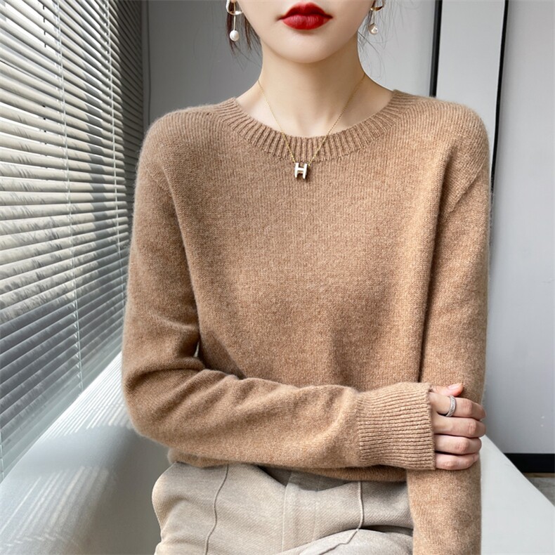山羊绒一线成衣羊毛毛衣女宽松纯色低圆领针织衫秋冬季加厚打底衫,女装羊绒衫,更慕羊绒