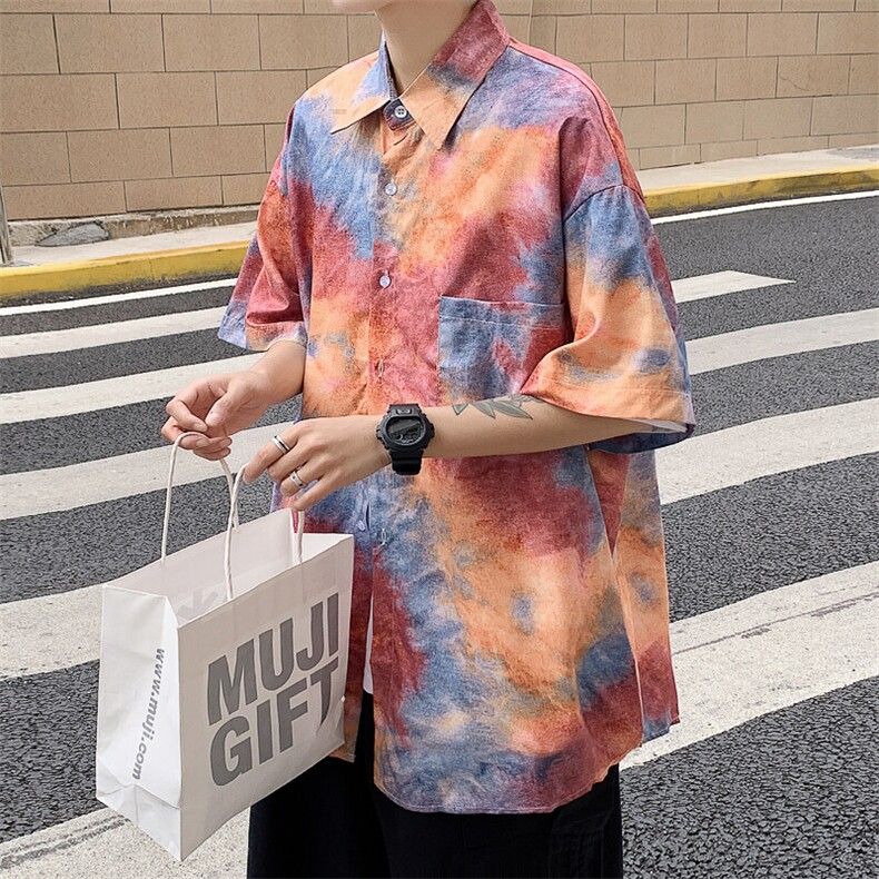 特P29控58 夏季冰丝港风男宽松版扎染短袖衬衫CS11图片