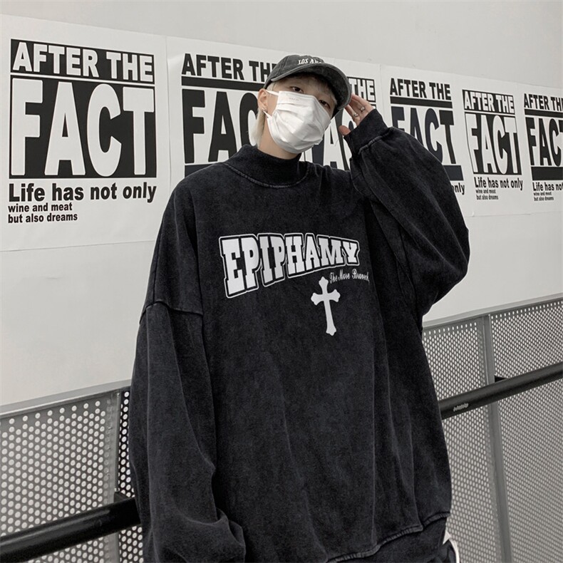 水洗做旧加绒加厚卫衣男2026冬高领十字架打底衫XZ514-2-X55-P78,男装T恤,星座514-2(原B239)