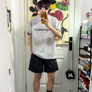 美式复古潮牌t恤女夏季格纹拼接灰色圆领短袖宽松情侣休闲上衣潮图片