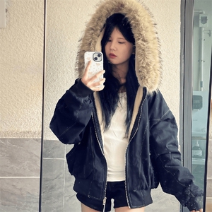 现货重磅boxy短款棉衣座山雕大毛毛领男女棉服水洗工装厚外套图片
